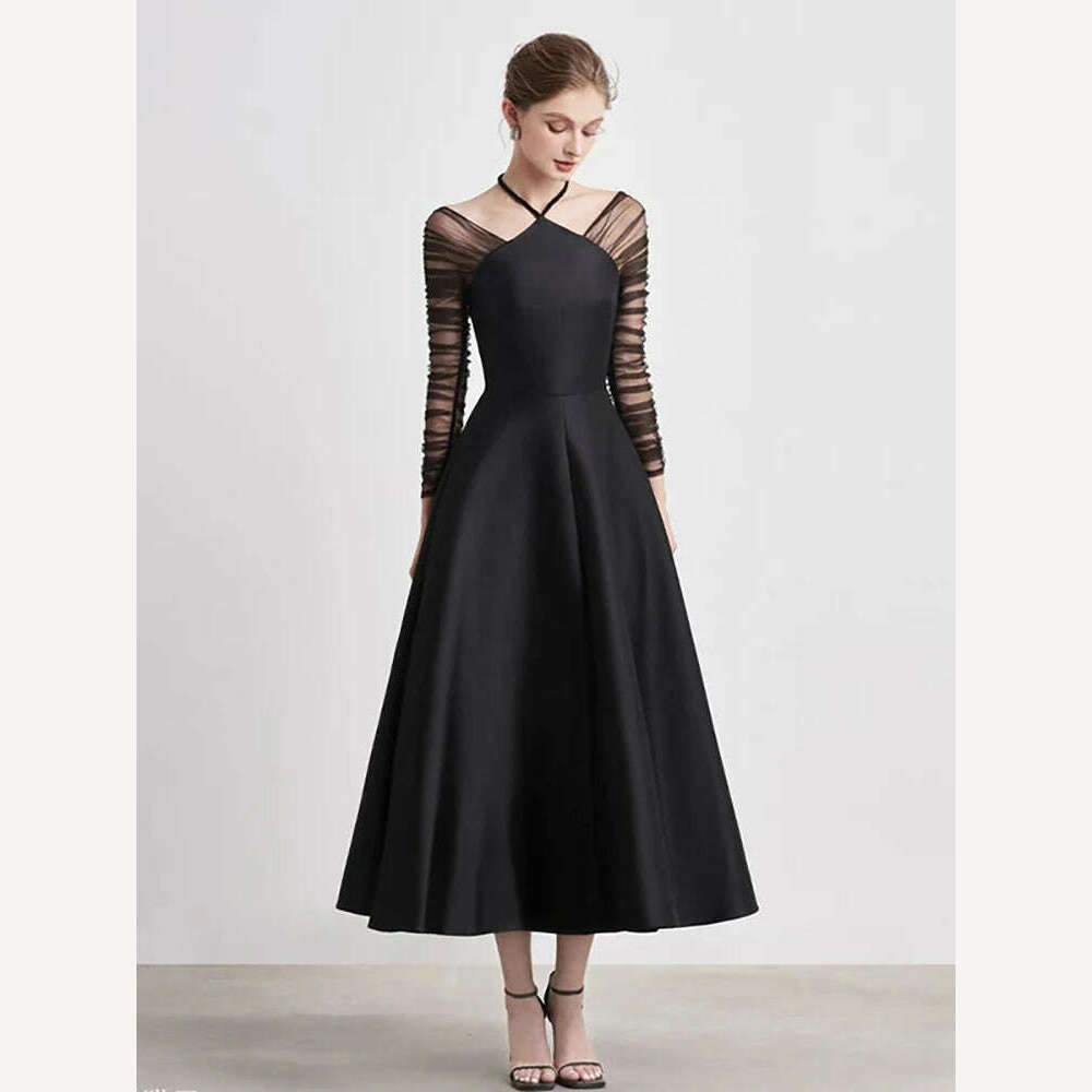 DEAT Evening Halter Dress Mesh Long Sleeves Backless Waist Retraction Zipper Slim Women Dresses 2024 Summer New Fashion 13DB3948 - KIMLUD