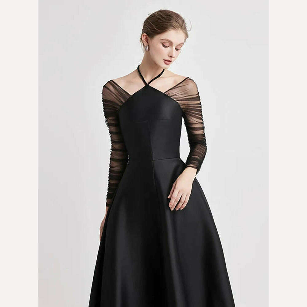 DEAT Evening Halter Dress Mesh Long Sleeves Backless Waist Retraction Zipper Slim Women Dresses 2024 Summer New Fashion 13DB3948 - KIMLUD