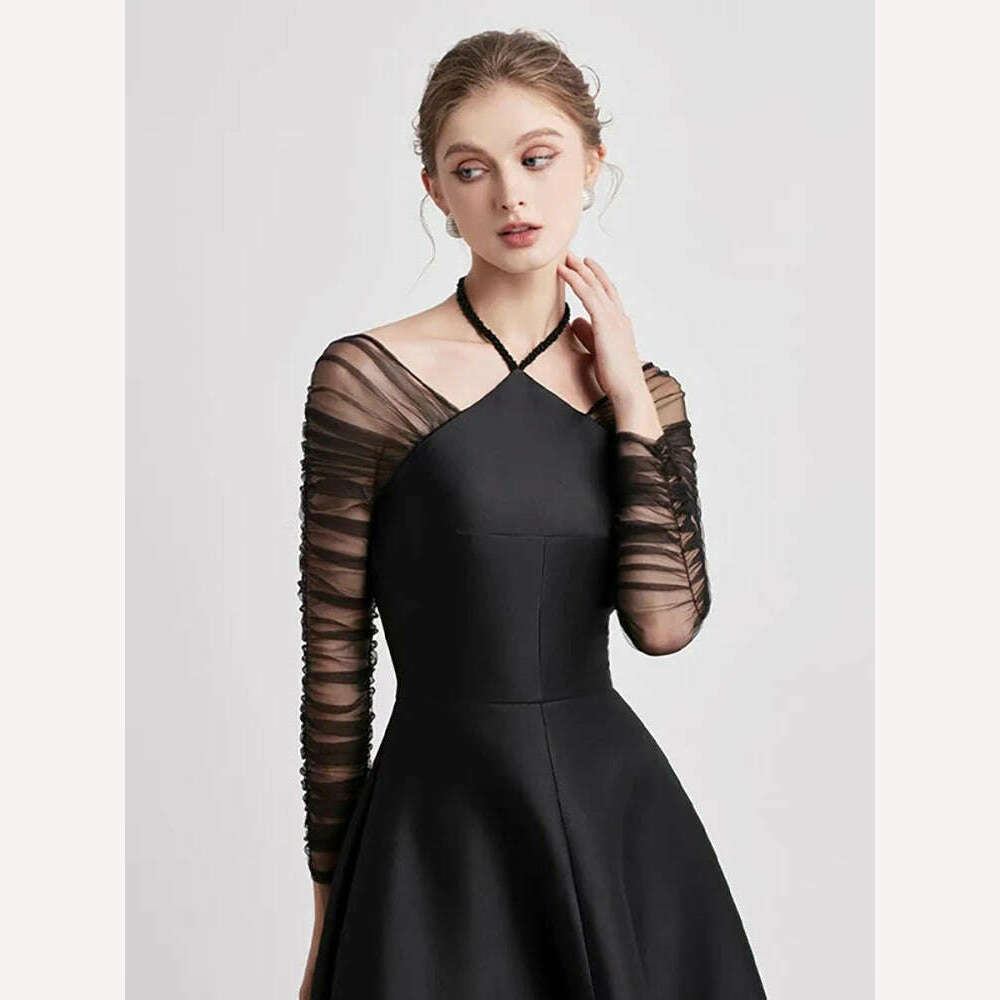 DEAT Evening Halter Dress Mesh Long Sleeves Backless Waist Retraction Zipper Slim Women Dresses 2024 Summer New Fashion 13DB3948 - KIMLUD