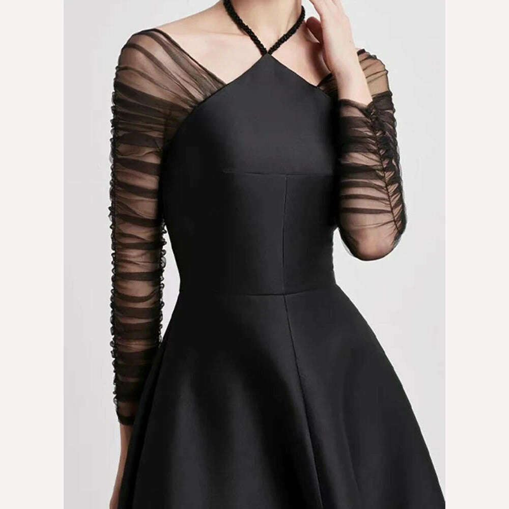 DEAT Evening Halter Dress Mesh Long Sleeves Backless Waist Retraction Zipper Slim Women Dresses 2024 Summer New Fashion 13DB3948 - KIMLUD