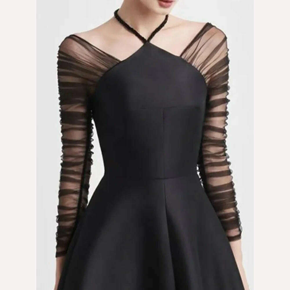 DEAT Evening Halter Dress Mesh Long Sleeves Backless Waist Retraction Zipper Slim Women Dresses 2024 Summer New Fashion 13DB3948 - KIMLUD