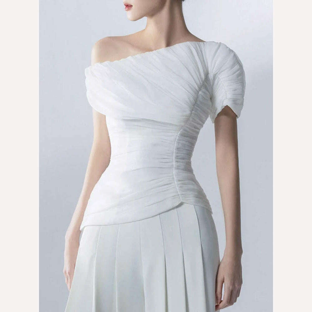 DEAT Fashion Pants Sets Diagonal Collar Short Sleeve Folds Top + Wide Leg Trousers Solid Color Office Lady New Autumn 15KB5320 - KIMLUD