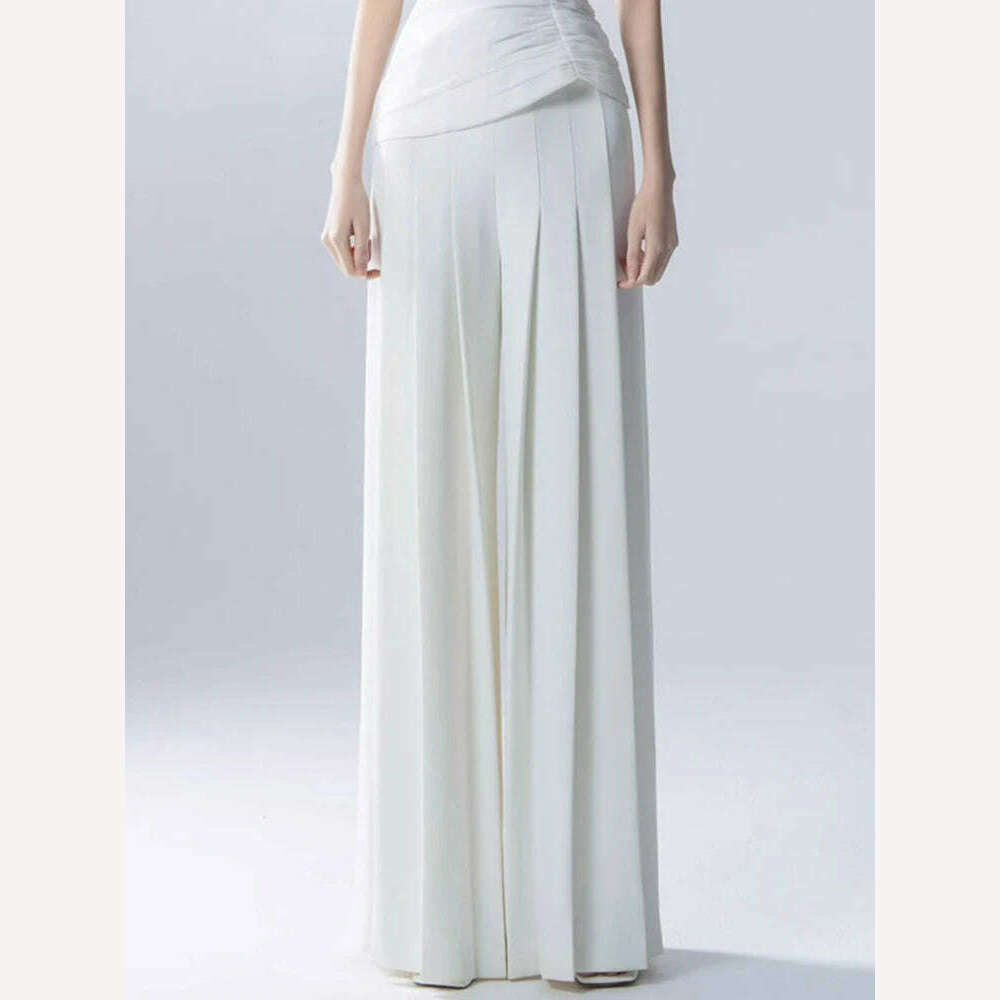 DEAT Fashion Pants Sets Diagonal Collar Short Sleeve Folds Top + Wide Leg Trousers Solid Color Office Lady New Autumn 15KB5320 - KIMLUD