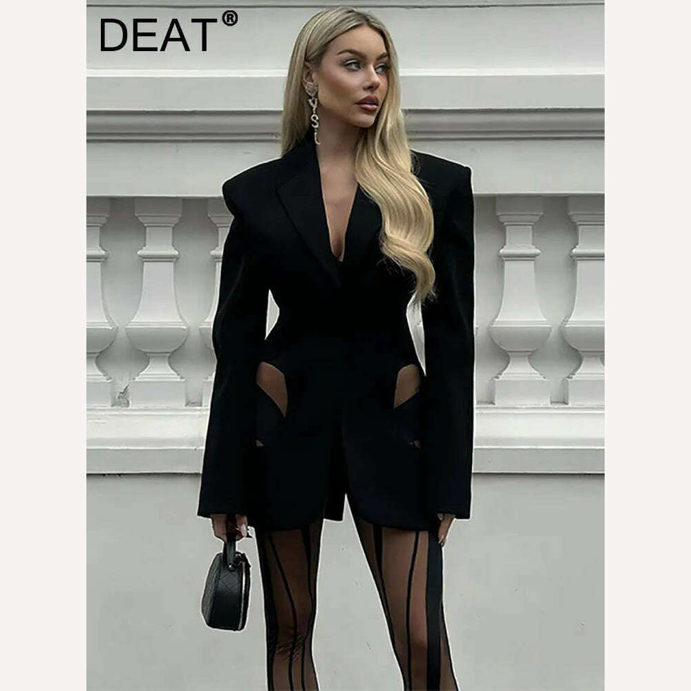 DEAT Fashion Women Blazer Notched Collar Full Sleeve Hidden Breasted Lace Patchwork Waist Black Jacket Autumn 2024 New 17A8211 - KIMLUD