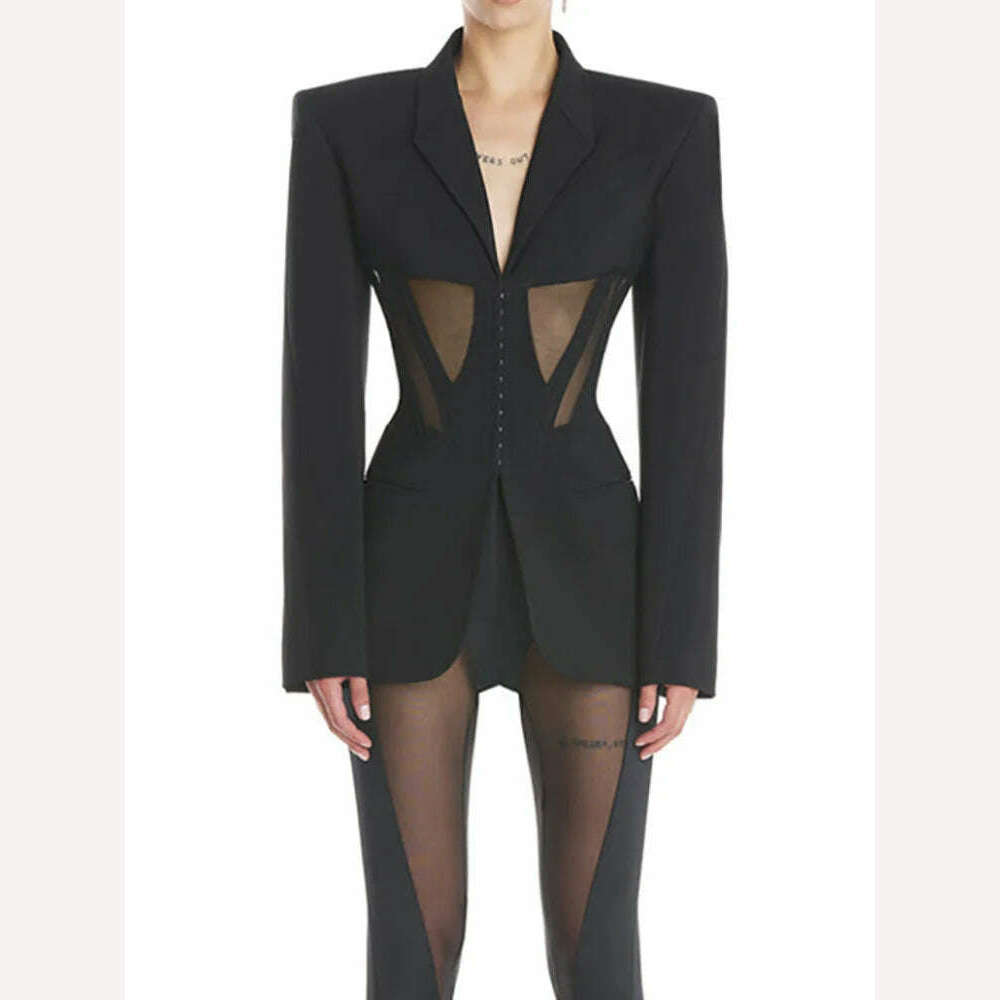 DEAT Fashion Women Blazer Notched Collar Full Sleeve Hidden Breasted Lace Patchwork Waist Black Jacket Autumn 2024 New 17A8211 - KIMLUD