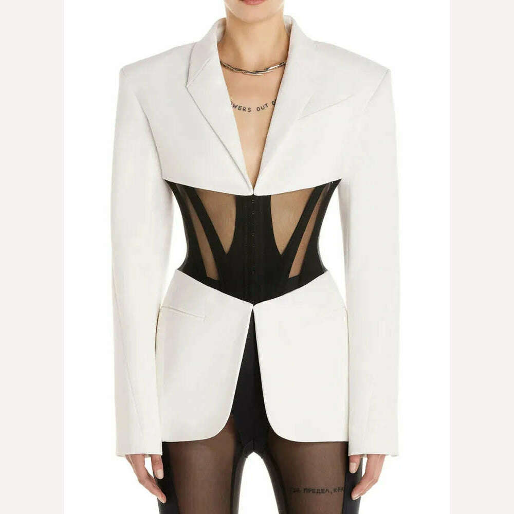 DEAT Fashion Women Blazer Notched Collar Full Sleeve Hidden Breasted Lace Patchwork Waist Black Jacket Autumn 2024 New 17A8211 - KIMLUD