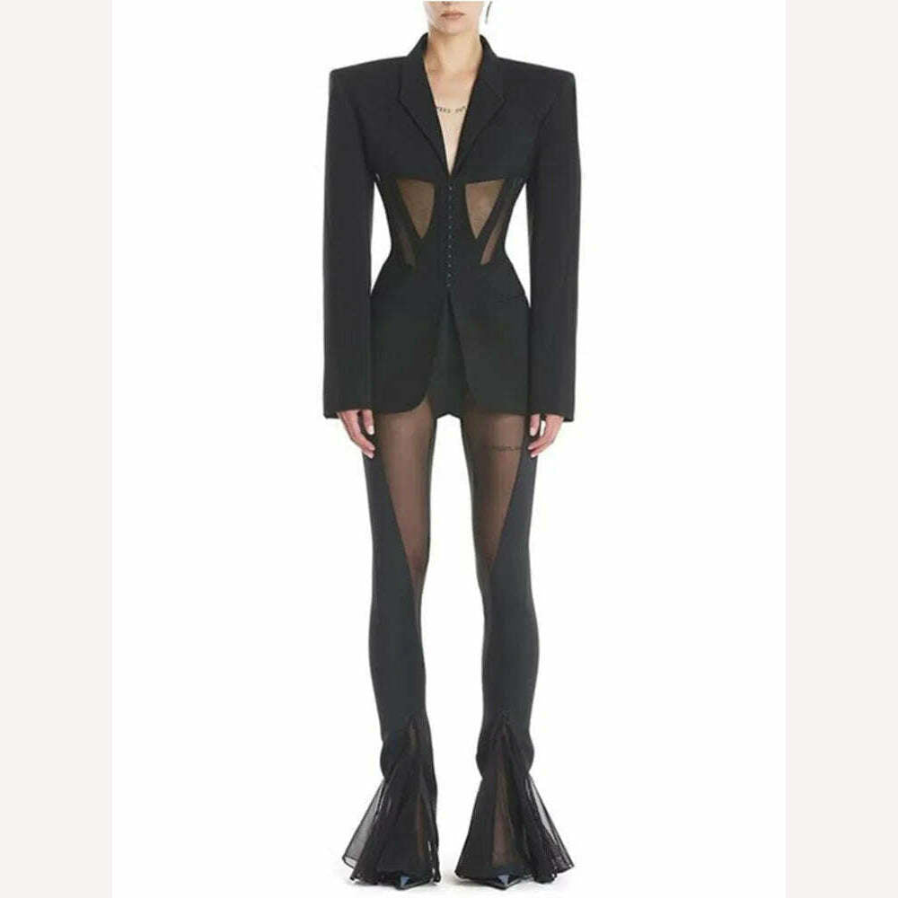 DEAT Fashion Women Blazer Notched Collar Full Sleeve Hidden Breasted Lace Patchwork Waist Black Jacket Autumn 2024 New 17A8211 - KIMLUD