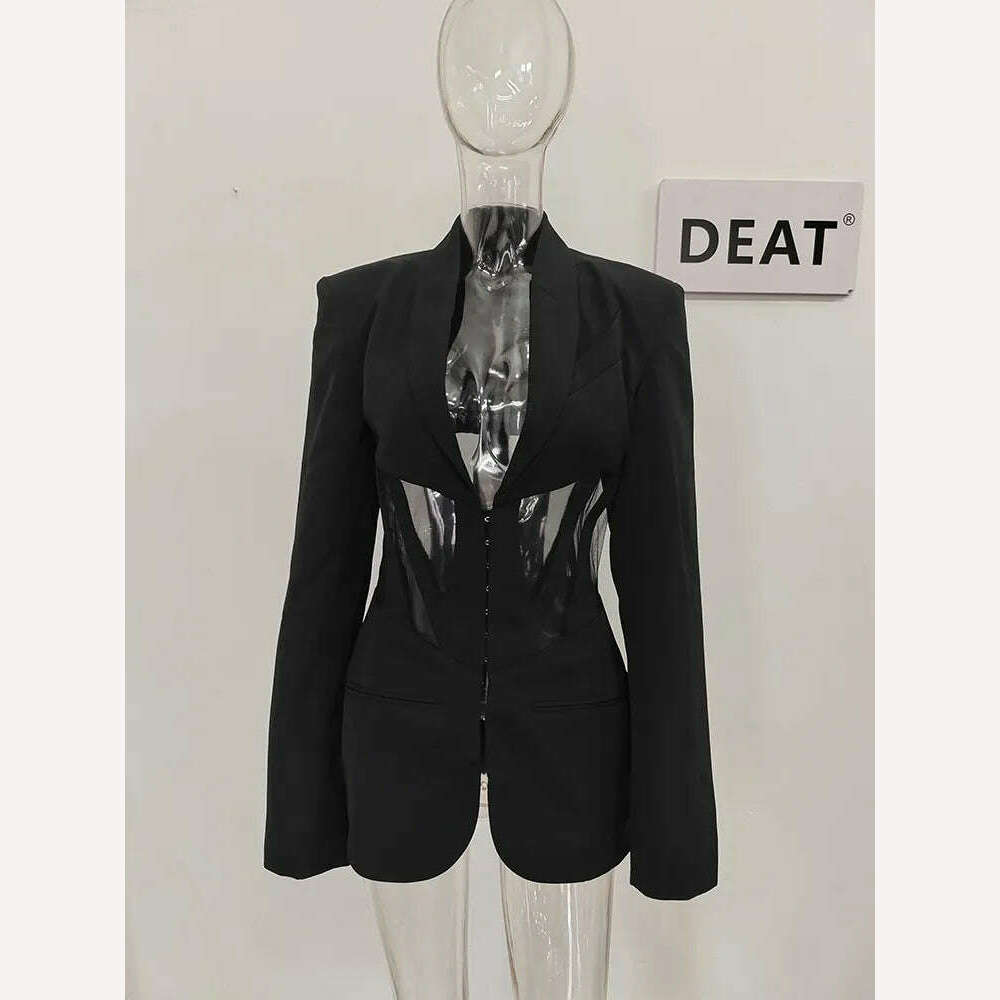 DEAT Fashion Women Blazer Notched Collar Full Sleeve Hidden Breasted Lace Patchwork Waist Black Jacket Autumn 2024 New 17A8211 - KIMLUD