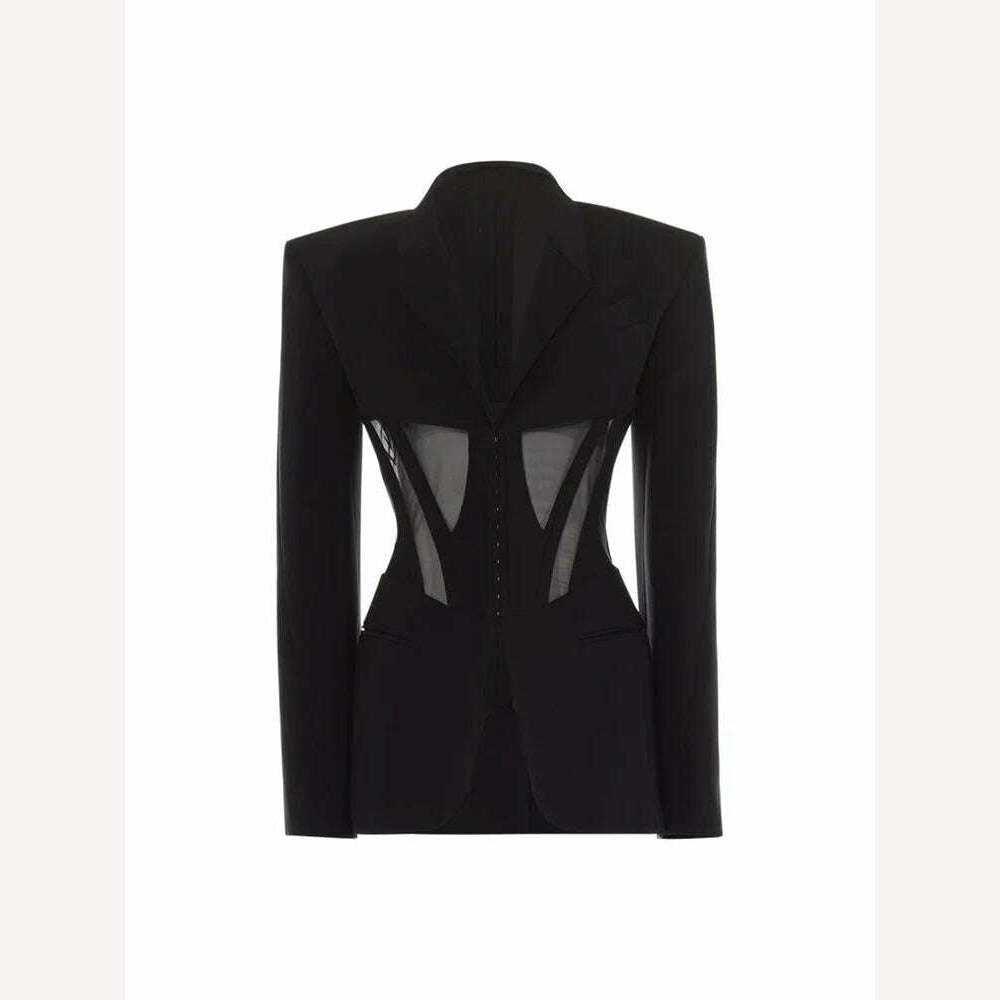 DEAT Fashion Women Blazer Notched Collar Full Sleeve Hidden Breasted Lace Patchwork Waist Black Jacket Autumn 2024 New 17A8211 - KIMLUD