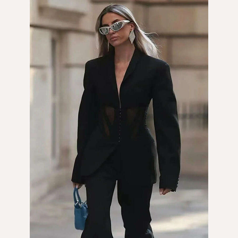 DEAT Fashion Women Blazer Notched Collar Full Sleeve Hidden Breasted Lace Patchwork Waist Black Jacket Autumn 2024 New 17A8211 - KIMLUD