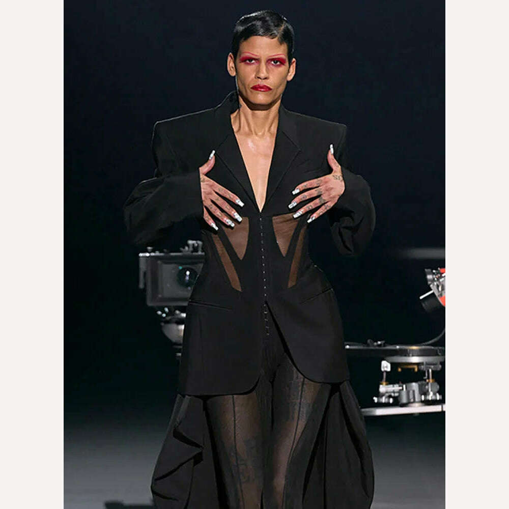 DEAT Fashion Women Blazer Notched Collar Full Sleeve Hidden Breasted Lace Patchwork Waist Black Jacket Autumn 2024 New 17A8211 - KIMLUD