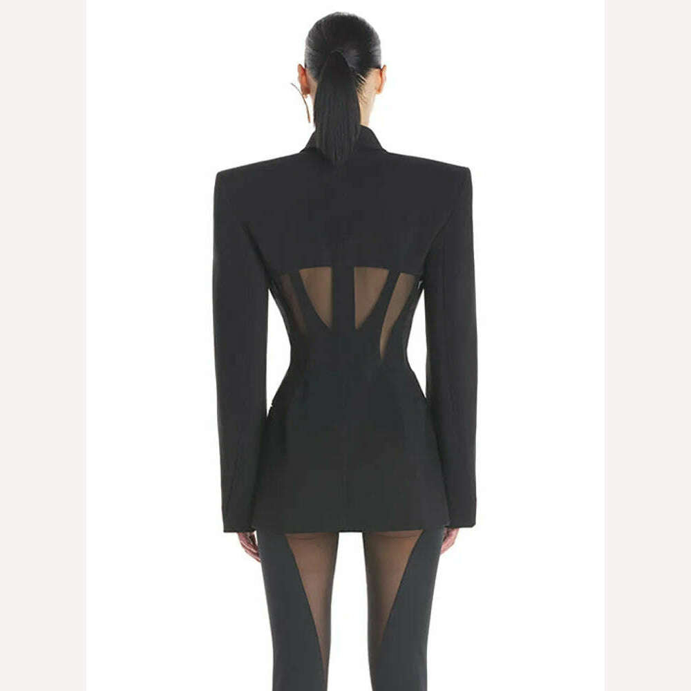 DEAT Fashion Women Blazer Notched Collar Full Sleeve Hidden Breasted Lace Patchwork Waist Black Jacket Autumn 2024 New 17A8211 - KIMLUD