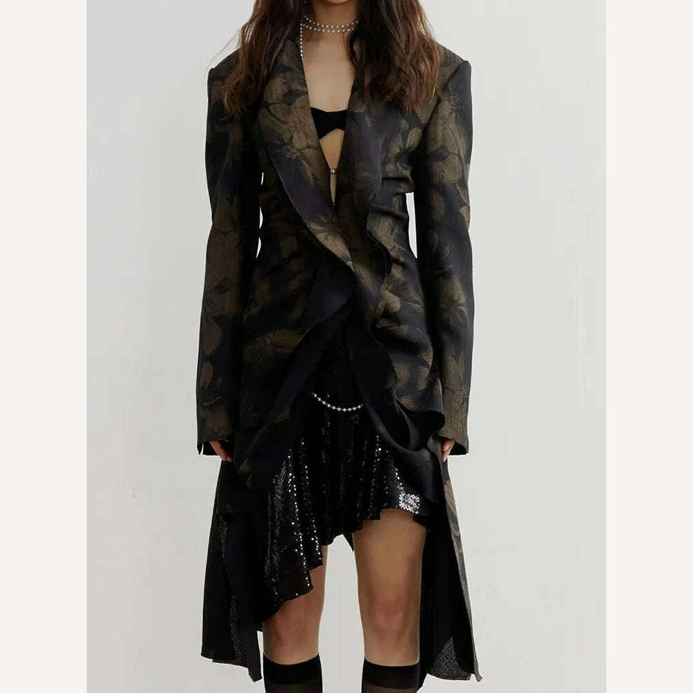 KIMLUD, DEAT Fashion Women Blazer Notched Collar Long Sleeve Hidden Breasted Print Asymmetric Ruffle Suit Jacket Summer 2023 New 17A7183, KIMLUD Womens Clothes