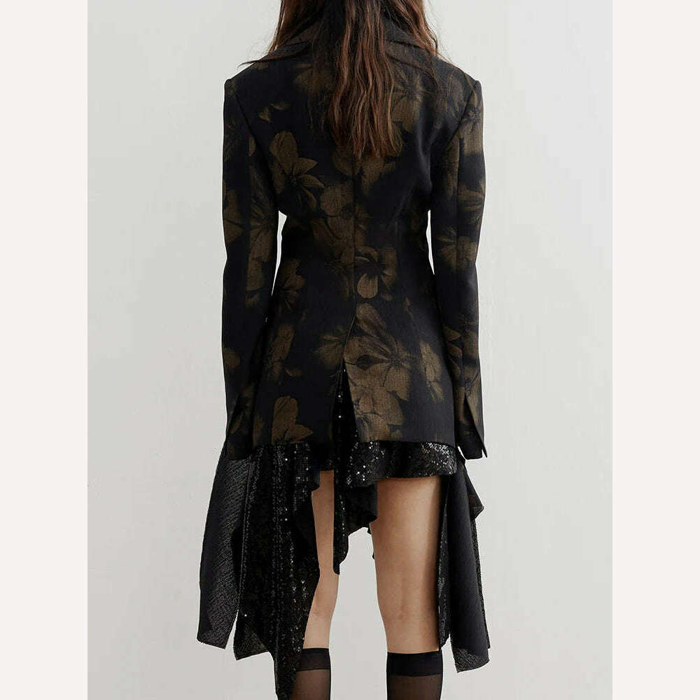 KIMLUD, DEAT Fashion Women Blazer Notched Collar Long Sleeve Hidden Breasted Print Asymmetric Ruffle Suit Jacket Summer 2023 New 17A7183, KIMLUD Womens Clothes