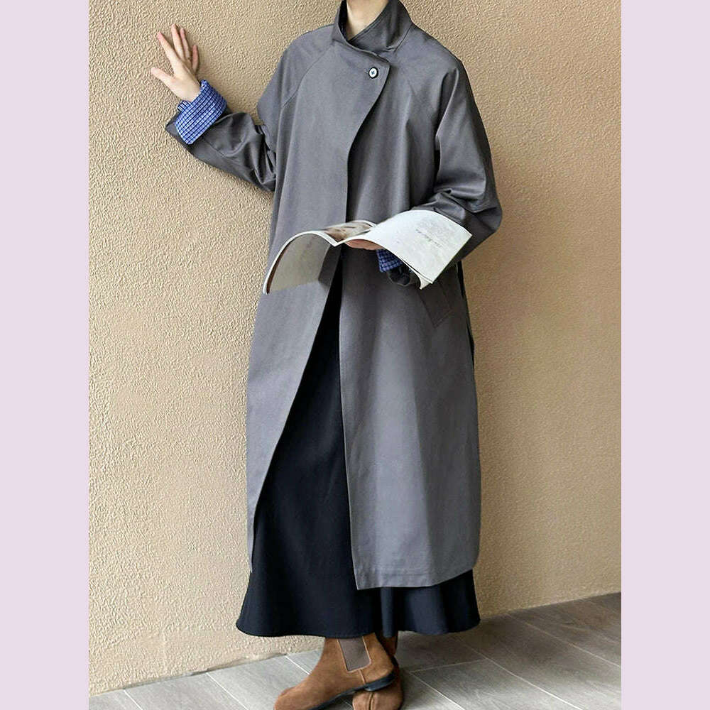 KIMLUD, DEAT Fashion Women Trench Coat Big Lapel Loose Long Sleeves Single Button Gray Sashes Loose Windbreaker Autumn 2025 New 7AB5197, KIMLUD Womens Clothes