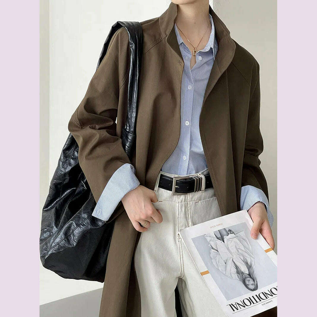 KIMLUD, DEAT Fashion Women Trench Coat Big Lapel Loose Long Sleeves Single Button Gray Sashes Loose Windbreaker Autumn 2025 New 7AB5197, KIMLUD Womens Clothes