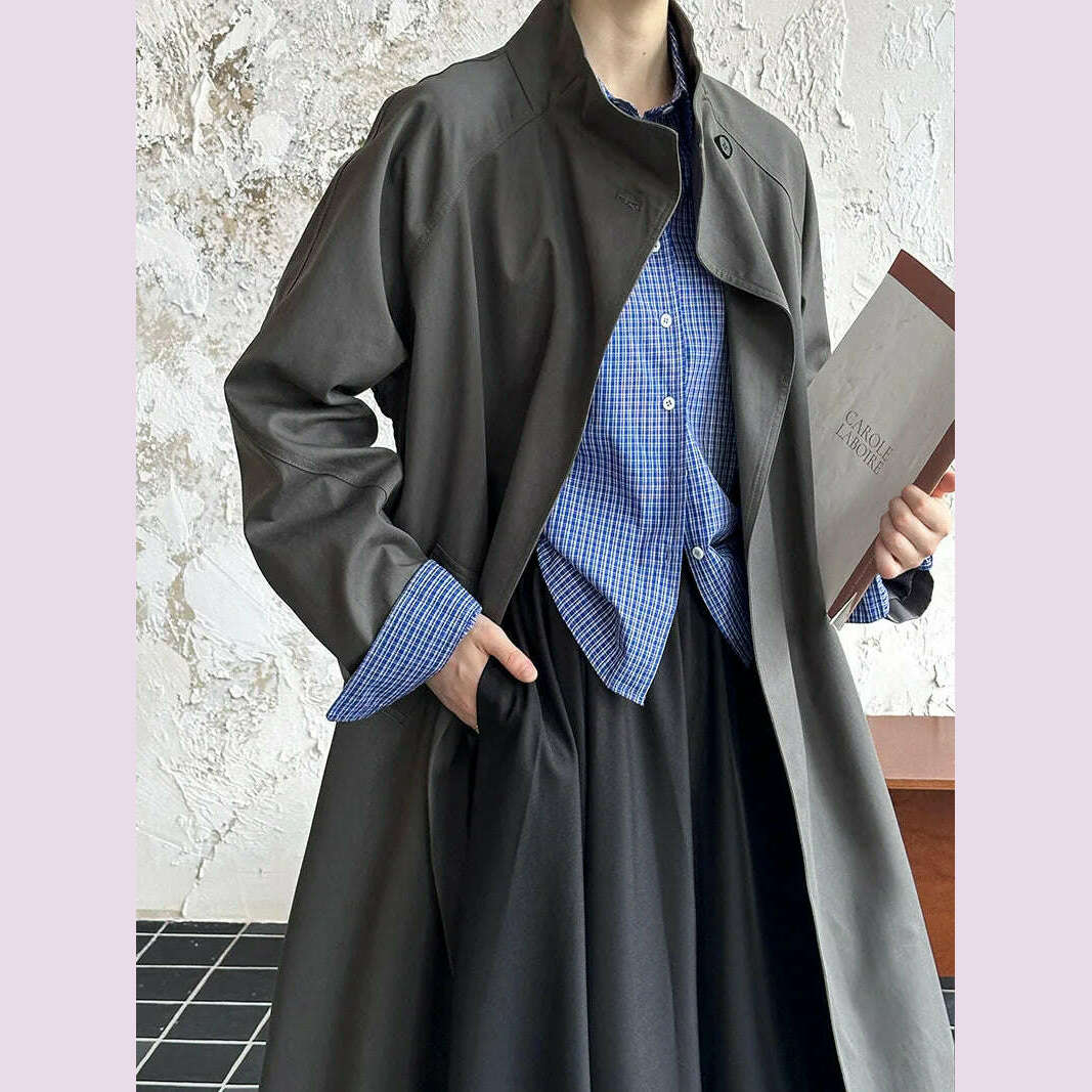 KIMLUD, DEAT Fashion Women Trench Coat Big Lapel Loose Long Sleeves Single Button Gray Sashes Loose Windbreaker Autumn 2025 New 7AB5197, Advanced Gray / M, KIMLUD APPAREL - Womens Clothes