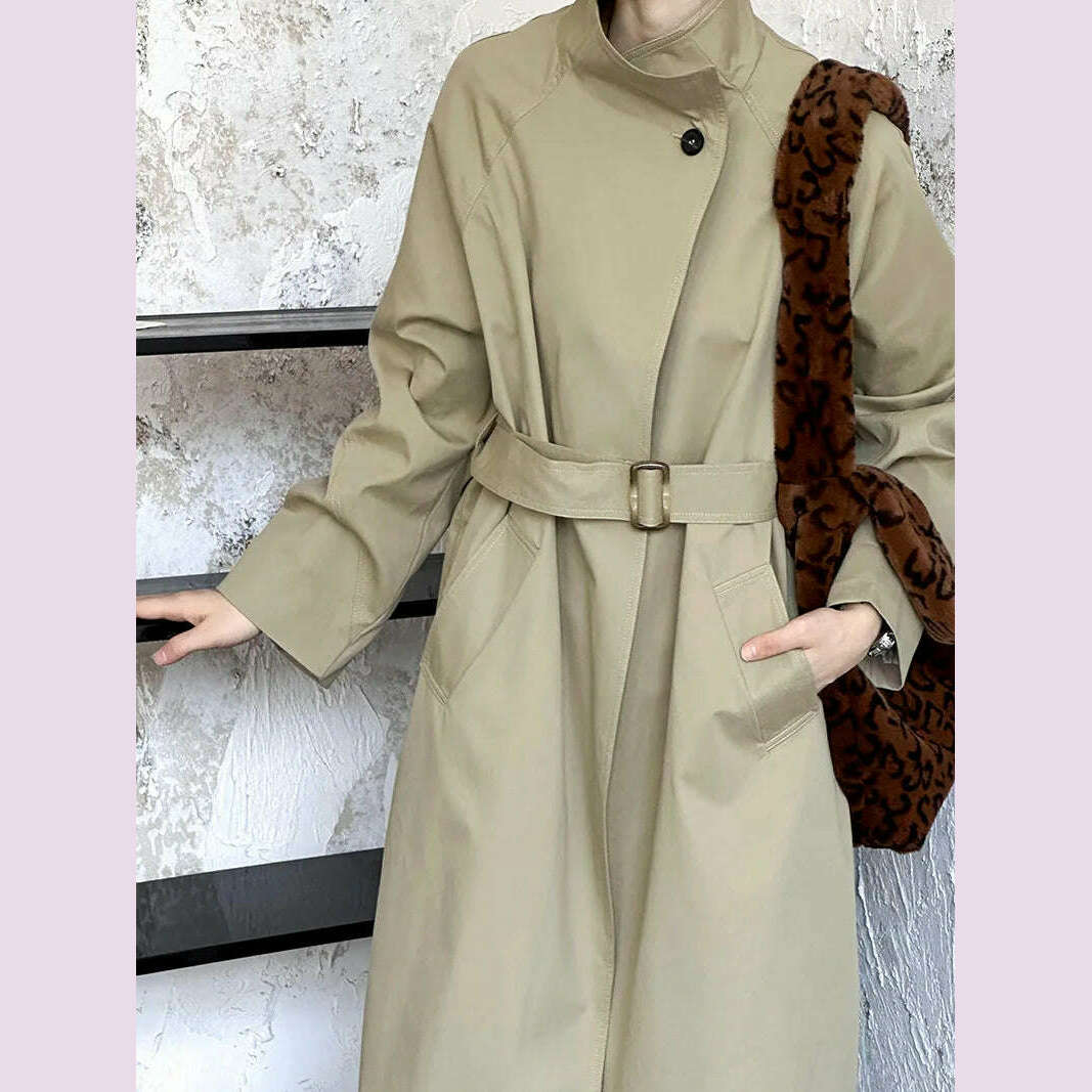 KIMLUD, DEAT Fashion Women Trench Coat Big Lapel Loose Long Sleeves Single Button Gray Sashes Loose Windbreaker Autumn 2025 New 7AB5197, Khaki / L, KIMLUD APPAREL - Womens Clothes