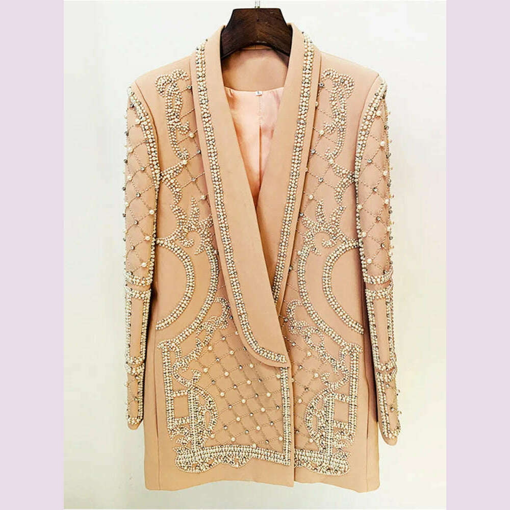 DEAT Fashion Women's Blazer Handmade Pearl Beaded Shawl Collar Hidden Breasted Long Sleeve Suit Jackets Spring 2023 New 17A4050H - KIMLUD