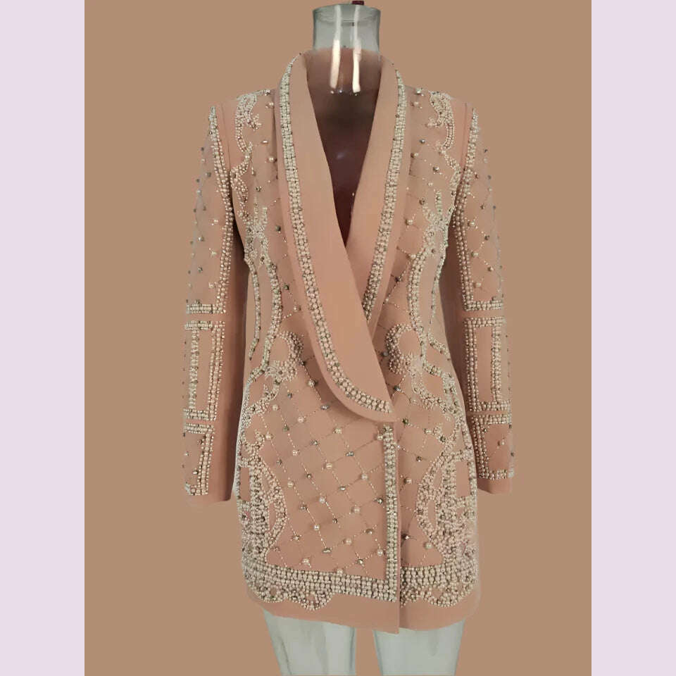 DEAT Fashion Women's Blazer Handmade Pearl Beaded Shawl Collar Hidden Breasted Long Sleeve Suit Jackets Spring 2023 New 17A4050H - KIMLUD