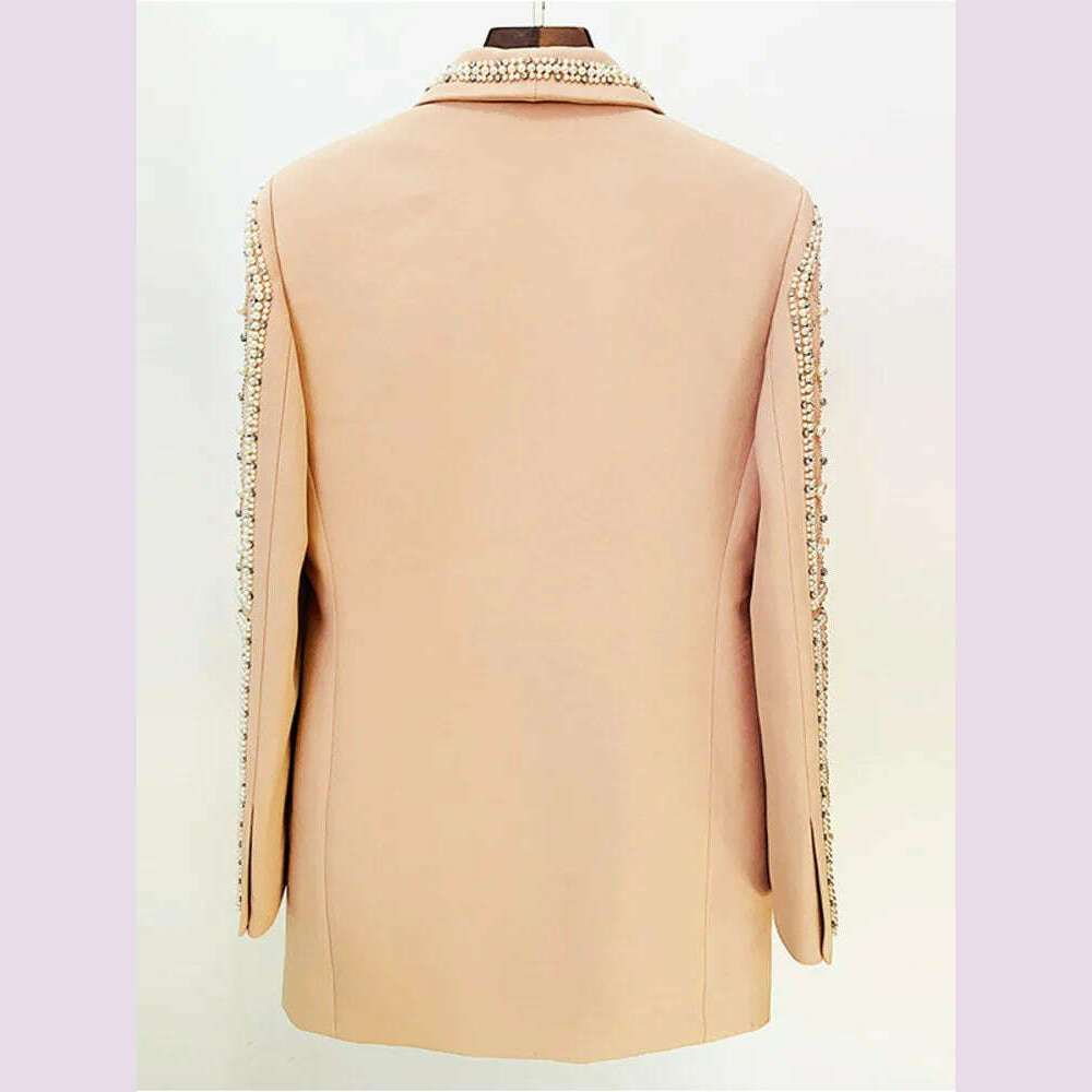 DEAT Fashion Women's Blazer Handmade Pearl Beaded Shawl Collar Hidden Breasted Long Sleeve Suit Jackets Spring 2023 New 17A4050H - KIMLUD