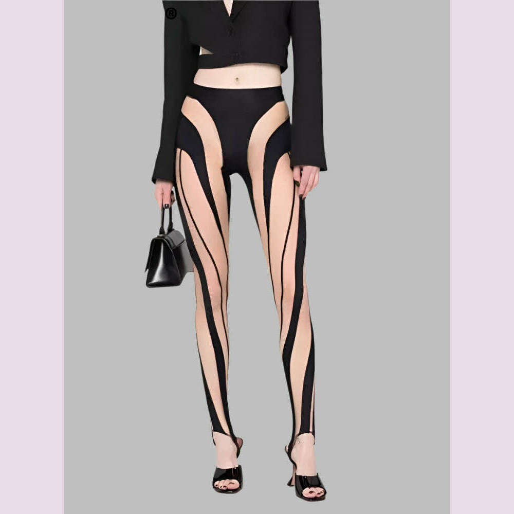 KIMLUD, DEAT Fashion Women‘s High Waist Elastic Leggings Vertical Stripes Patchwork Gauze Trousers Female Summer 2024 New Tide WW969, KIMLUD Womens Clothes