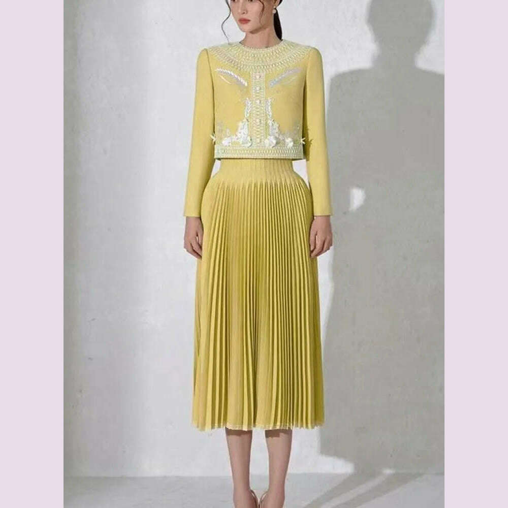 DEAT Fashion Women's 2 Pcs Set Embroidered Flowers Zip Short Tops Pleated A-line Mid-calf Skirt Suit Autumn 2024 New 13DB1022 - KIMLUD