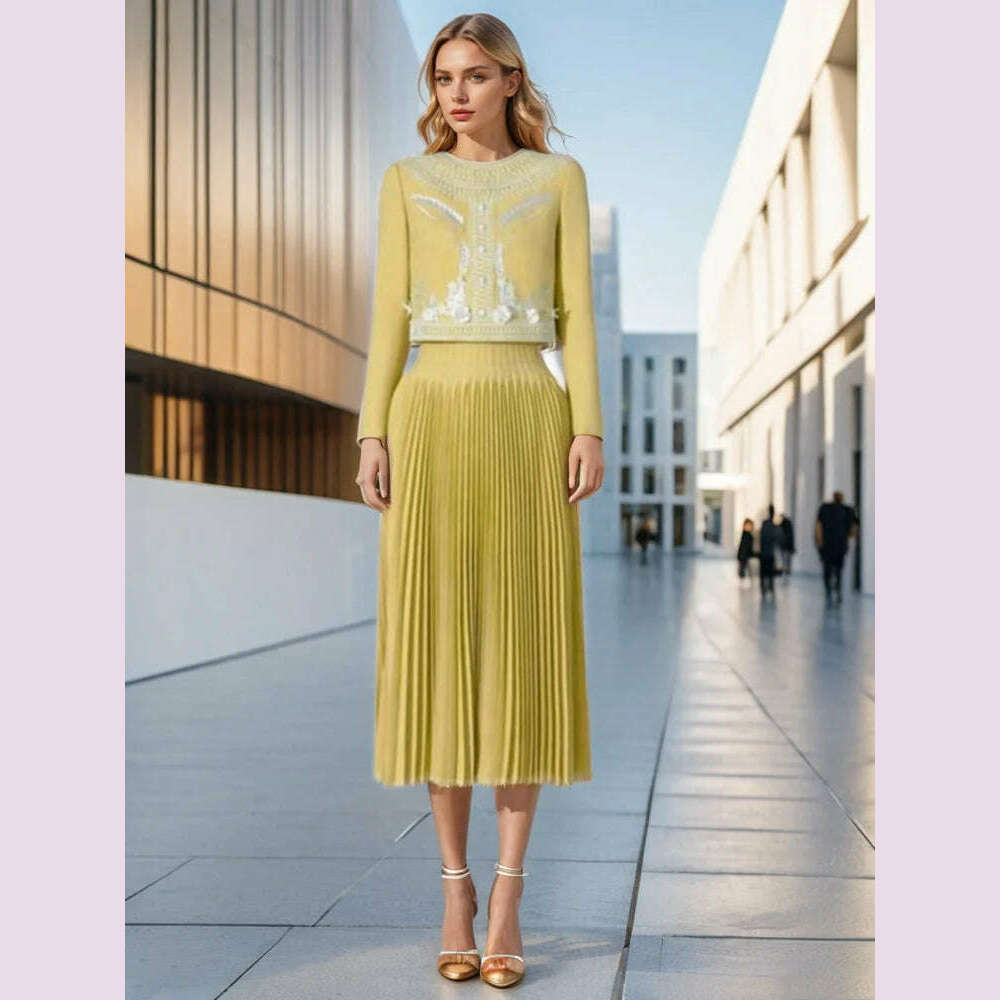 DEAT Fashion Women's 2 Pcs Set Embroidered Flowers Zip Short Tops Pleated A-line Mid-calf Skirt Suit Autumn 2024 New 13DB1022 - KIMLUD