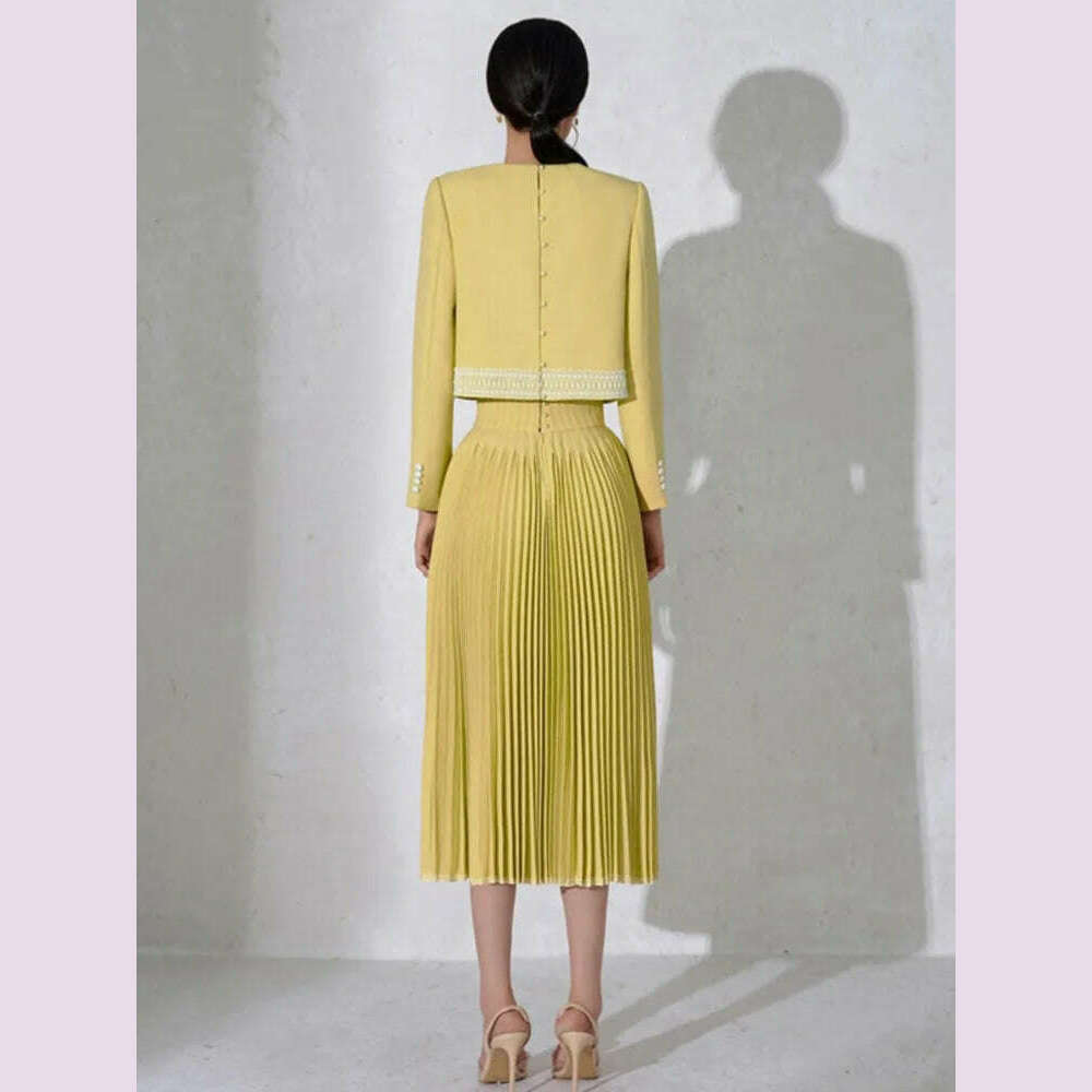 DEAT Fashion Women's 2 Pcs Set Embroidered Flowers Zip Short Tops Pleated A-line Mid-calf Skirt Suit Autumn 2024 New 13DB1022 - KIMLUD