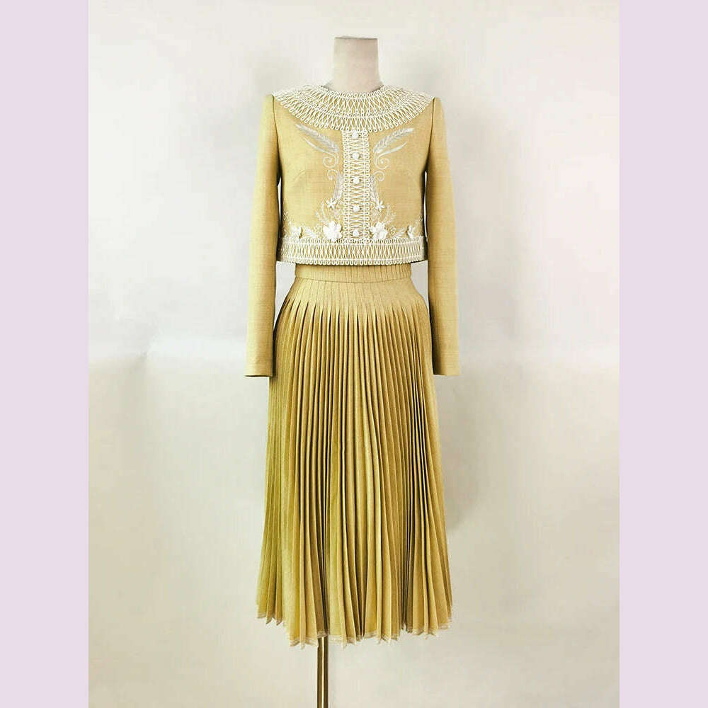 DEAT Fashion Women's 2 Pcs Set Embroidered Flowers Zip Short Tops Pleated A-line Mid-calf Skirt Suit Autumn 2024 New 13DB1022 - KIMLUD