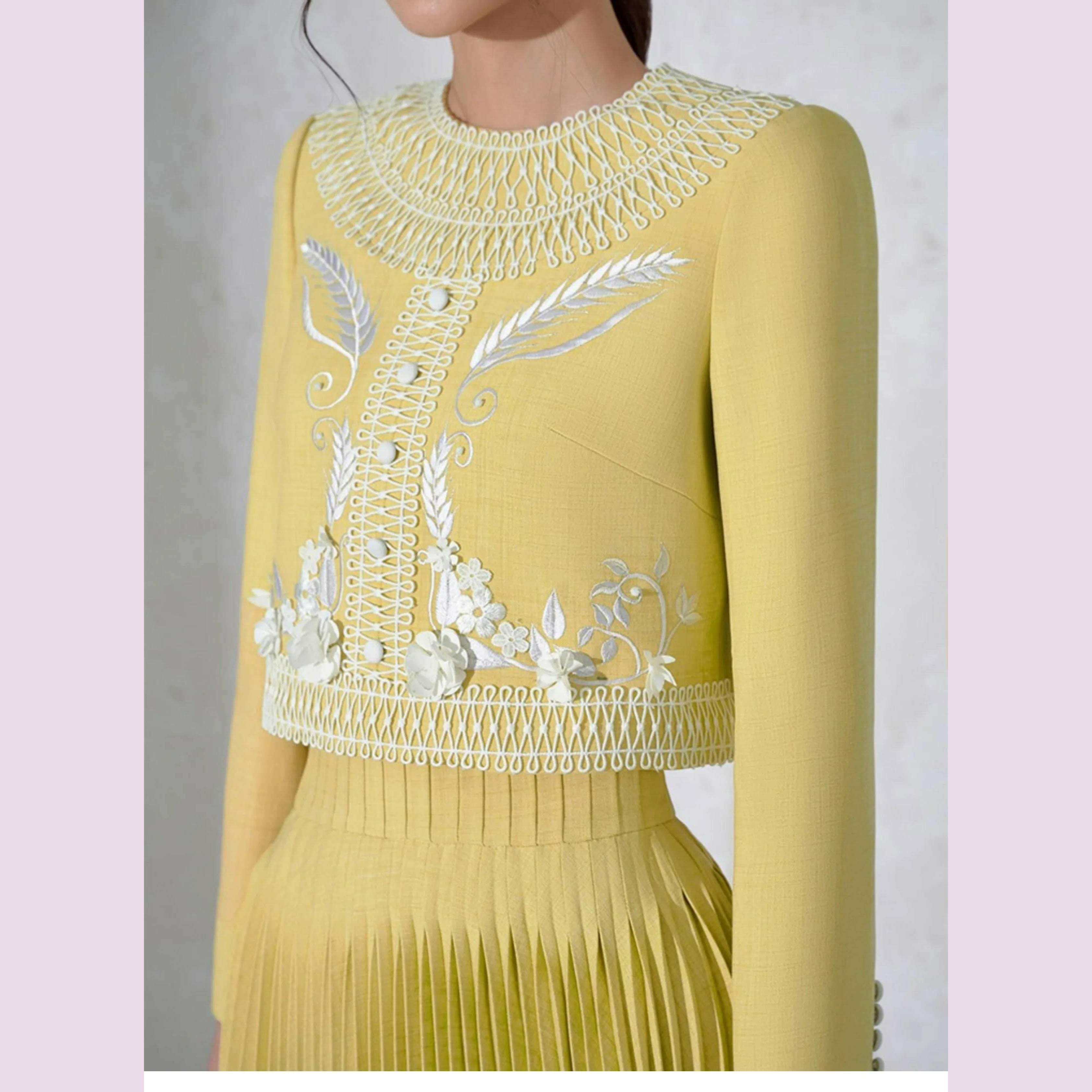 DEAT Fashion Women's 2 Pcs Set Embroidered Flowers Zip Short Tops Pleated A-line Mid-calf Skirt Suit Autumn 2024 New 13DB1022 - KIMLUD