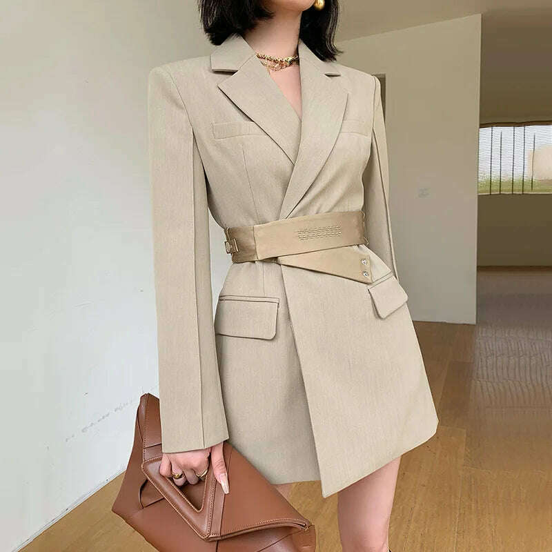 KIMLUD, DEAT Fashion Women's Blazer Notched Collar Single Button Elastic Sashes Long Sleeve Khaki Suit Jackets Spring 2024 New CPDB047, KIMLUD Womens Clothes