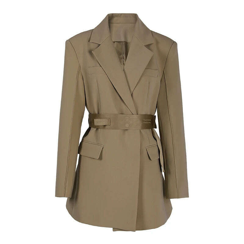 KIMLUD, DEAT Fashion Women's Blazer Notched Collar Single Button Elastic Sashes Long Sleeve Khaki Suit Jackets Spring 2024 New CPDB047, khaki / S, KIMLUD APPAREL - Womens Clothes