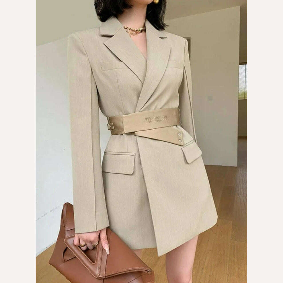 KIMLUD, DEAT Fashion Women's Blazer Notched Collar Single Button Elastic Sashes Long Sleeve Khaki Suit Jackets Spring 2024 New CPDB047, KIMLUD Womens Clothes