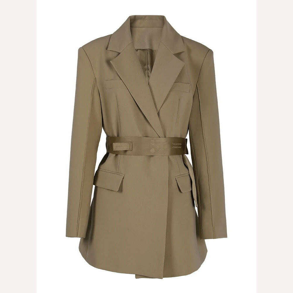 KIMLUD, DEAT Fashion Women's Blazer Notched Collar Single Button Elastic Sashes Long Sleeve Khaki Suit Jackets Spring 2024 New CPDB047, KIMLUD Womens Clothes