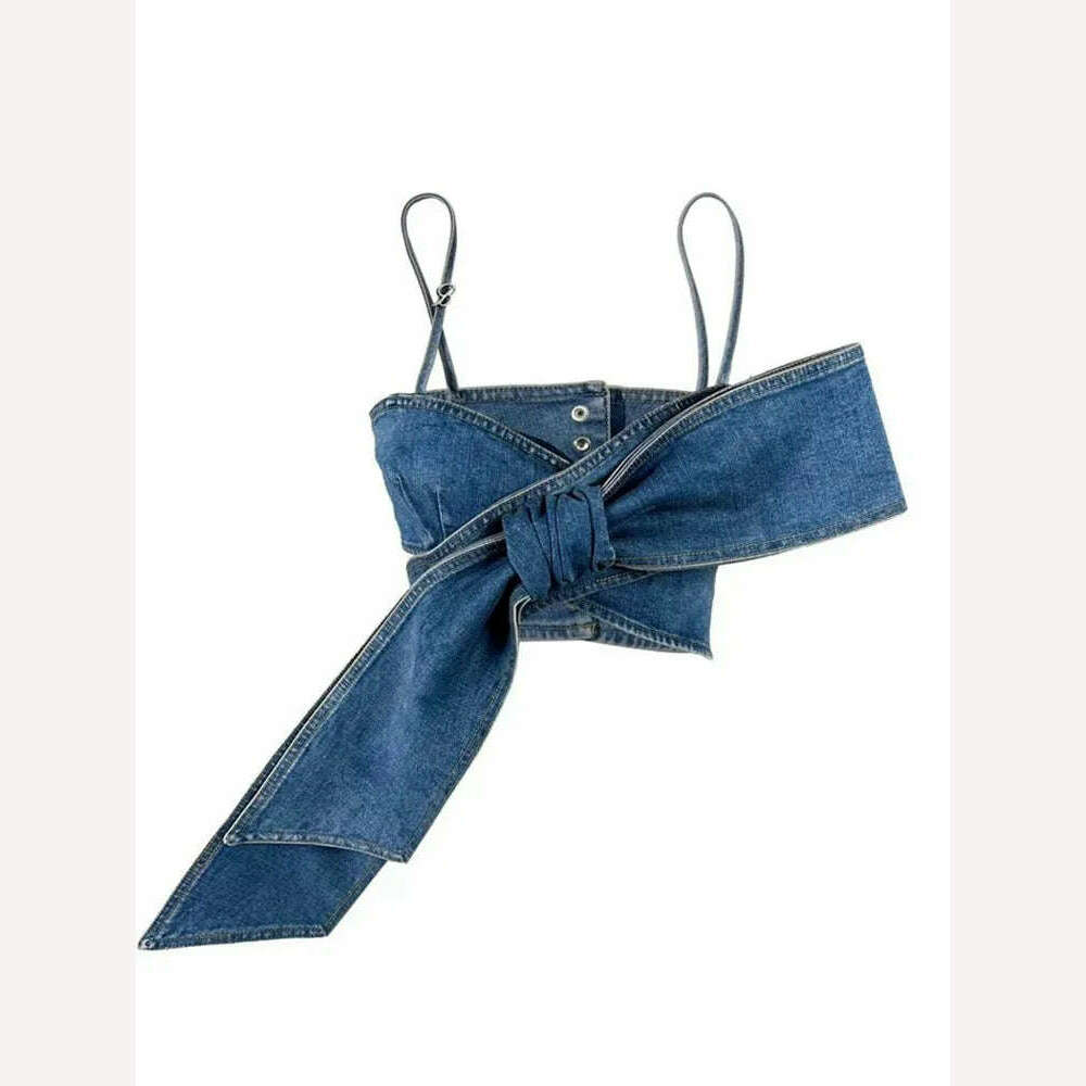 KIMLUD, DEAT Fashion Women's Bows Cross Bandage Denim Camis High Waist Wide Leg Straight Streetwear Jeans Summer 2024 New Tide 33A1173, Blue Bra / S, KIMLUD APPAREL - Womens Clothes