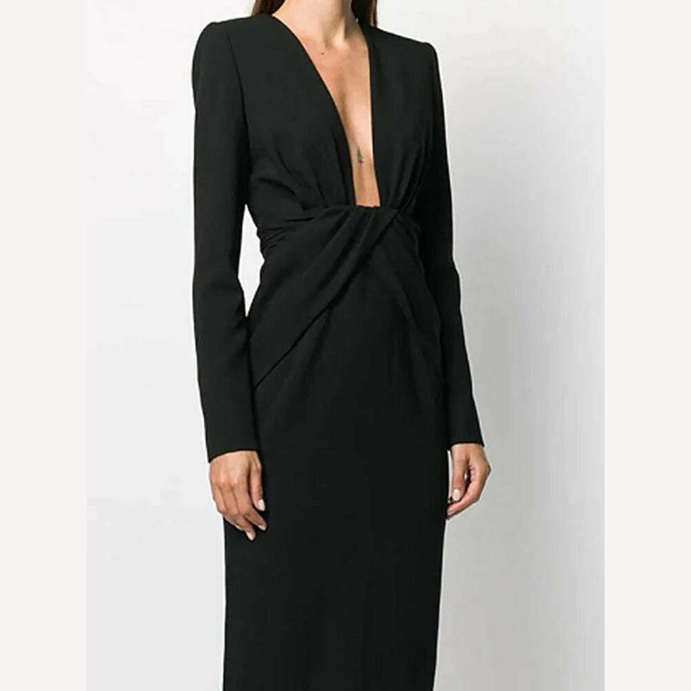 KIMLUD, DEAT Fashion Women's Deep V-neck Cross Pleated Dress Waist Long Sleeve Female Elegant Dresses Female 2024 Autumn New 13DB3074, KIMLUD Womens Clothes