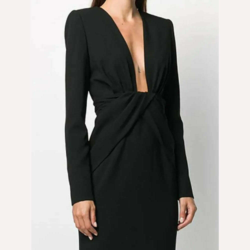 KIMLUD, DEAT Fashion Women's Deep V-neck Cross Pleated Dress Waist Long Sleeve Female Elegant Dresses Female 2024 Autumn New 13DB3074, KIMLUD Womens Clothes