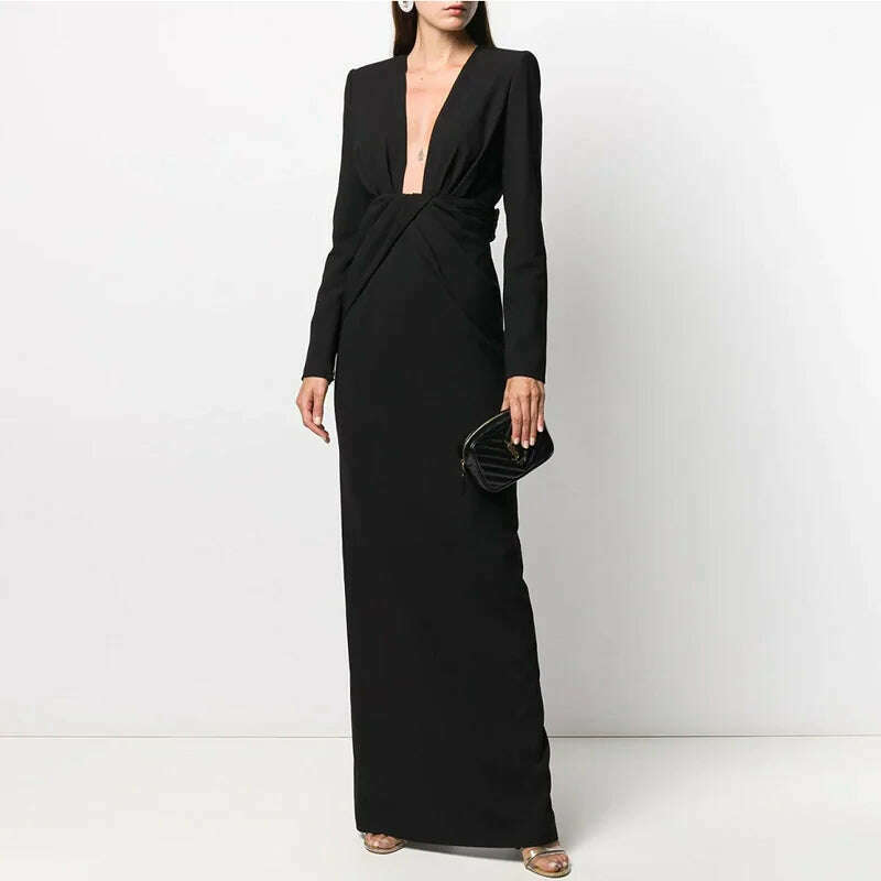 KIMLUD, DEAT Fashion Women's Deep V-neck Cross Pleated Dress Waist Long Sleeve Female Elegant Dresses Female 2024 Autumn New 13DB3074, black / .3XL, KIMLUD APPAREL - Womens Clothes