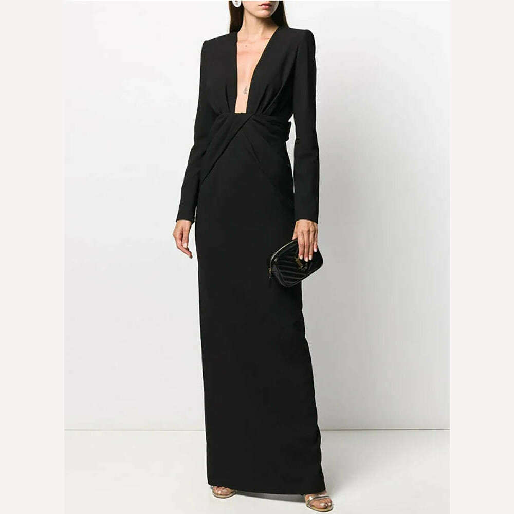 KIMLUD, DEAT Fashion Women's Deep V-neck Cross Pleated Dress Waist Long Sleeve Female Elegant Dresses Female 2024 Autumn New 13DB3074, KIMLUD Womens Clothes