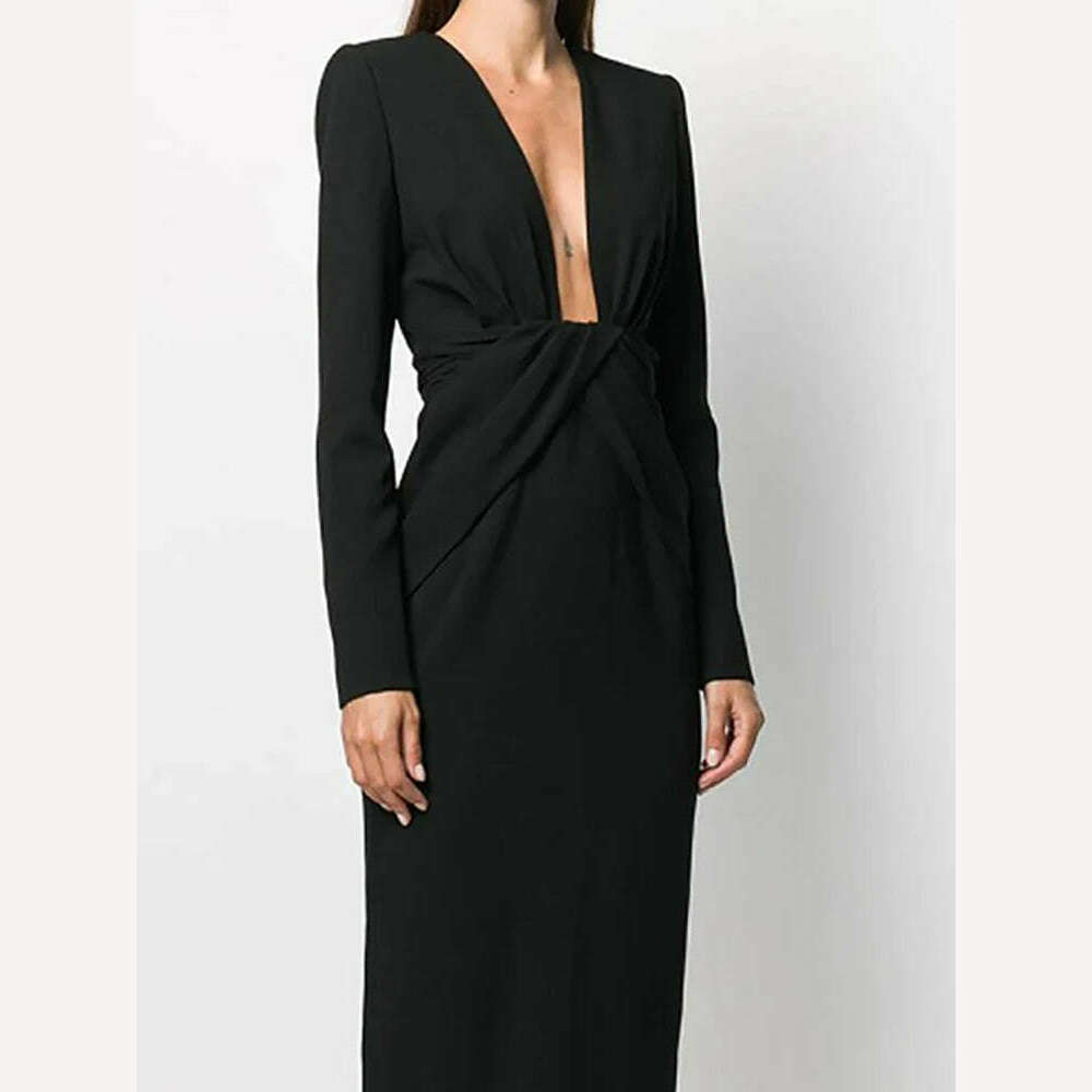 KIMLUD, DEAT Fashion Women's Deep V-neck Cross Pleated Dress Waist Long Sleeve Female Elegant Dresses Female 2024 Autumn New 13DB3074, KIMLUD Womens Clothes