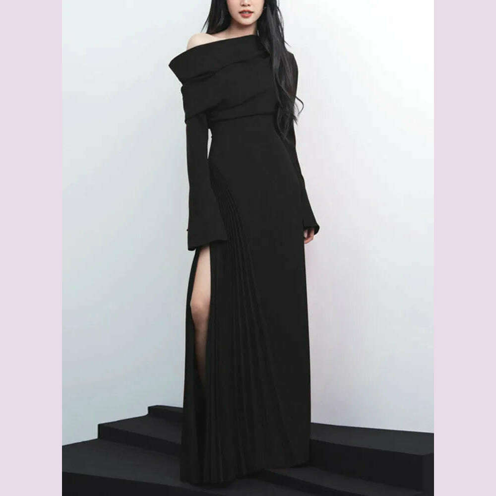 Pleated Diagonal-Collar Maxi Dress | KIMLUD Pleated Diagonal-Collar Maxi Dress | KIMLUD