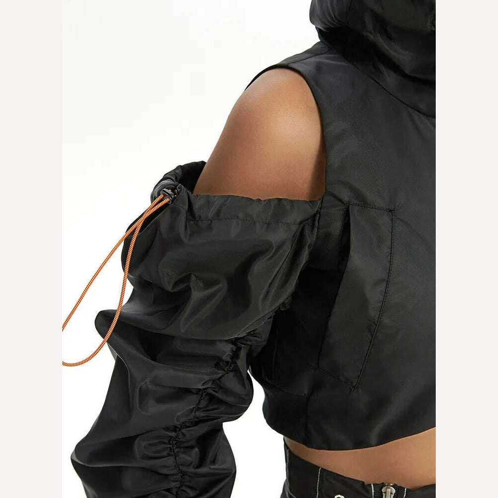 KIMLUD, DEAT Fashion Women's Jackets Hooded Off The Shoulder Drawstring Contrast Stitching Midriff-baring Coat Autumn 2023 New 7AB303, KIMLUD Womens Clothes