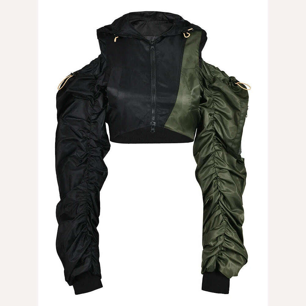KIMLUD, DEAT Fashion Women's Jackets Hooded Off The Shoulder Drawstring Contrast Stitching Midriff-baring Coat Autumn 2023 New 7AB303, KIMLUD Womens Clothes