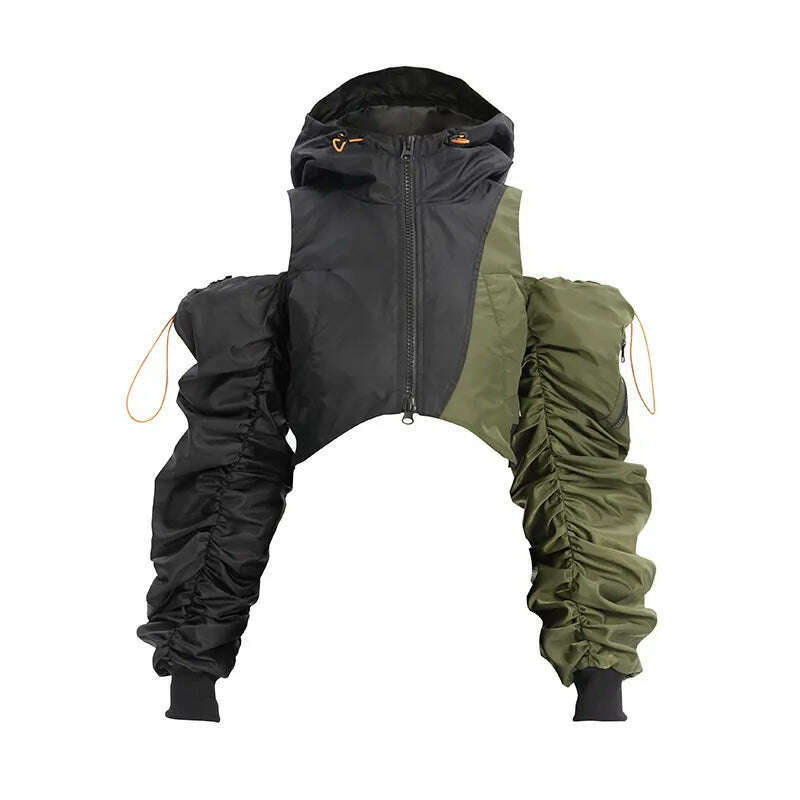 KIMLUD, DEAT Fashion Women's Jackets Hooded Off The Shoulder Drawstring Contrast Stitching Midriff-baring Coat Autumn 2023 New 7AB303, black / M, KIMLUD APPAREL - Womens Clothes