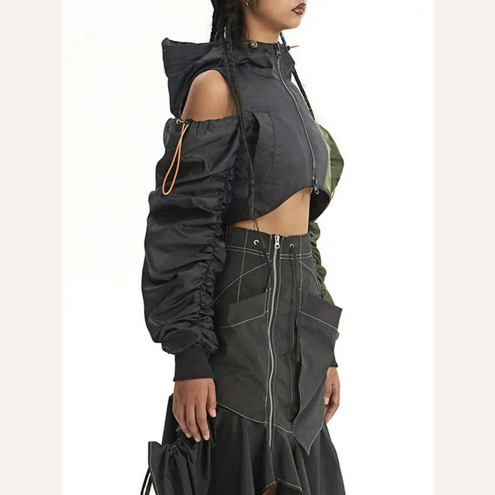 KIMLUD, DEAT Fashion Women's Jackets Hooded Off The Shoulder Drawstring Contrast Stitching Midriff-baring Coat Autumn 2023 New 7AB303, KIMLUD Womens Clothes