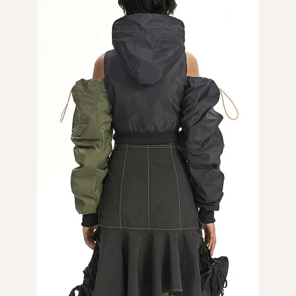 KIMLUD, DEAT Fashion Women's Jackets Hooded Off The Shoulder Drawstring Contrast Stitching Midriff-baring Coat Autumn 2023 New 7AB303, KIMLUD Womens Clothes