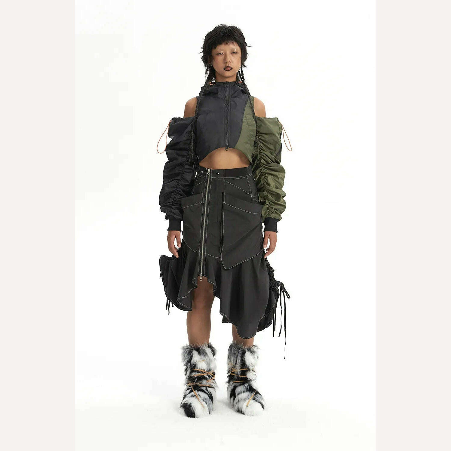 KIMLUD, DEAT Fashion Women's Jackets Hooded Off The Shoulder Drawstring Contrast Stitching Midriff-baring Coat Autumn 2023 New 7AB303, KIMLUD Womens Clothes