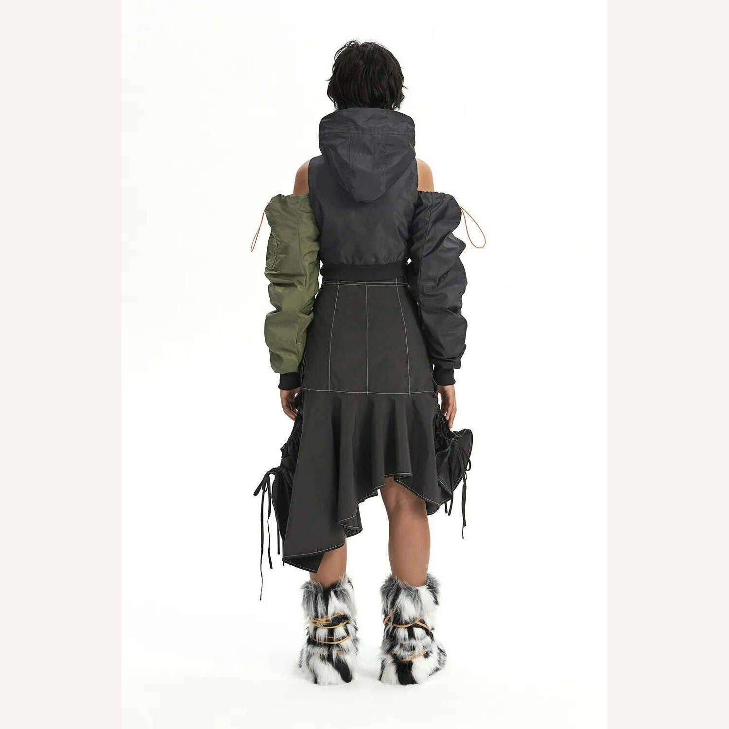 KIMLUD, DEAT Fashion Women's Jackets Hooded Off The Shoulder Drawstring Contrast Stitching Midriff-baring Coat Autumn 2023 New 7AB303, KIMLUD Womens Clothes