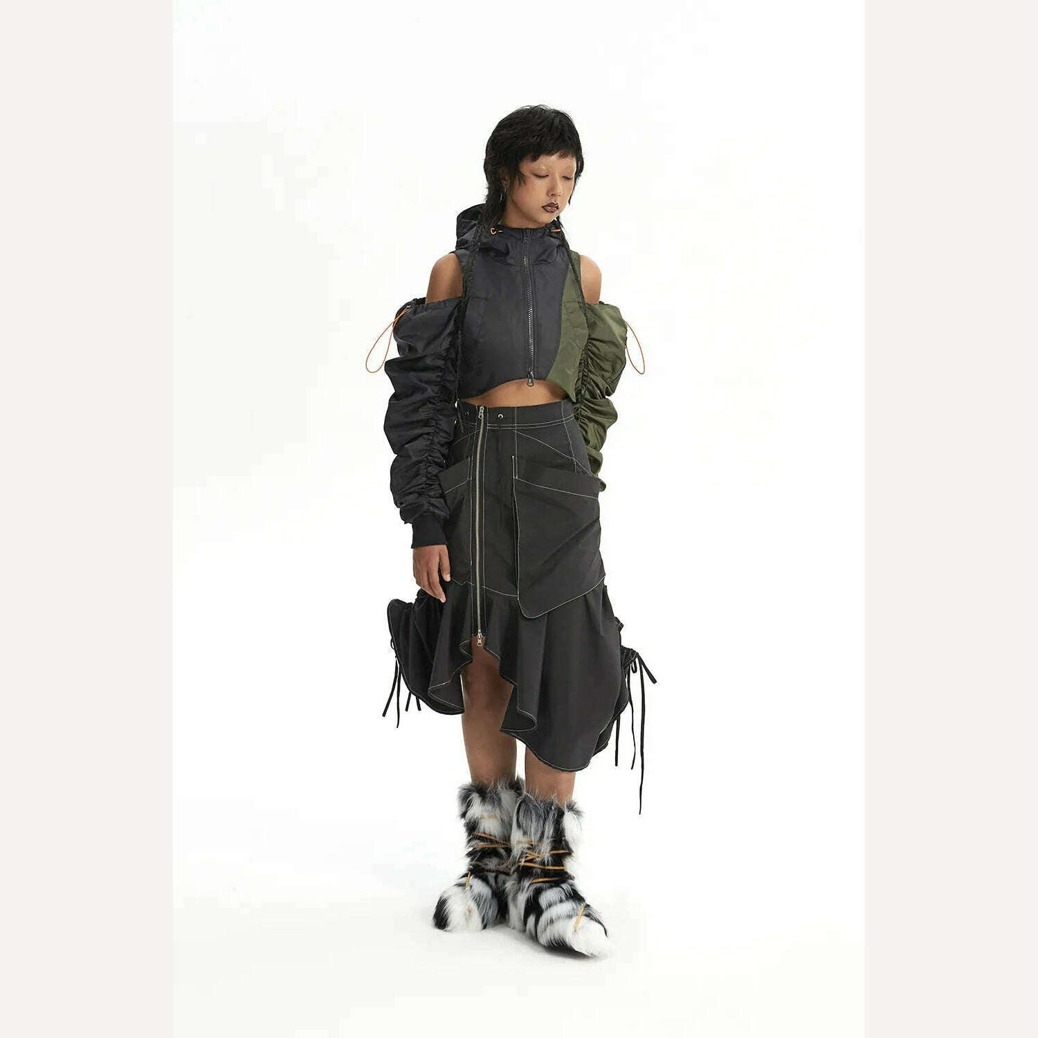KIMLUD, DEAT Fashion Women's Jackets Hooded Off The Shoulder Drawstring Contrast Stitching Midriff-baring Coat Autumn 2023 New 7AB303, KIMLUD Womens Clothes